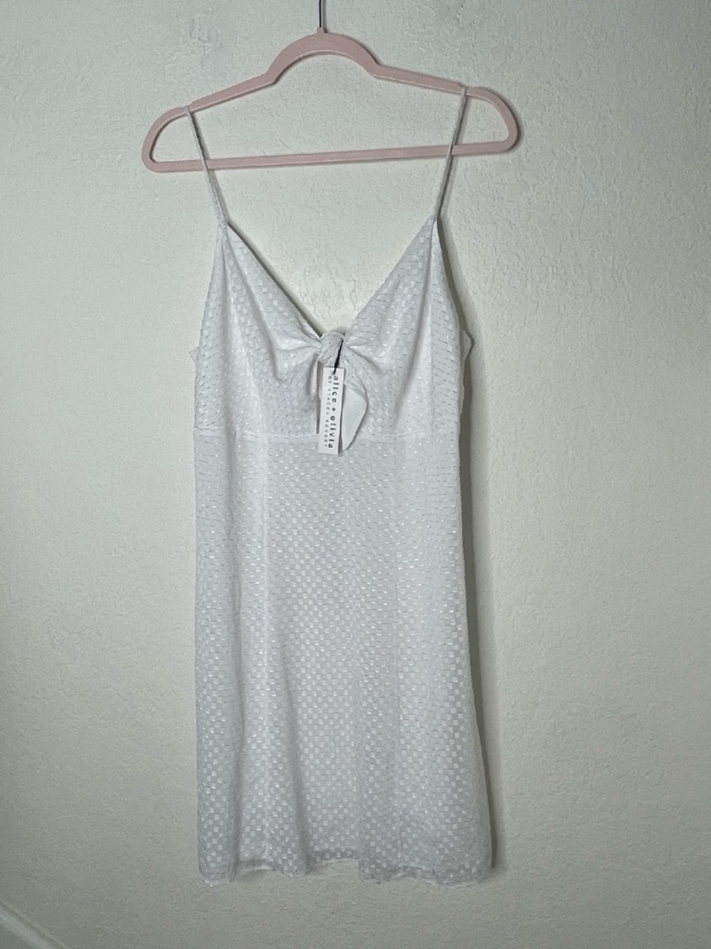 Alice + Olivia NWT Tie Front Mini Dress Size 12 White Spaghetti Strap Lined